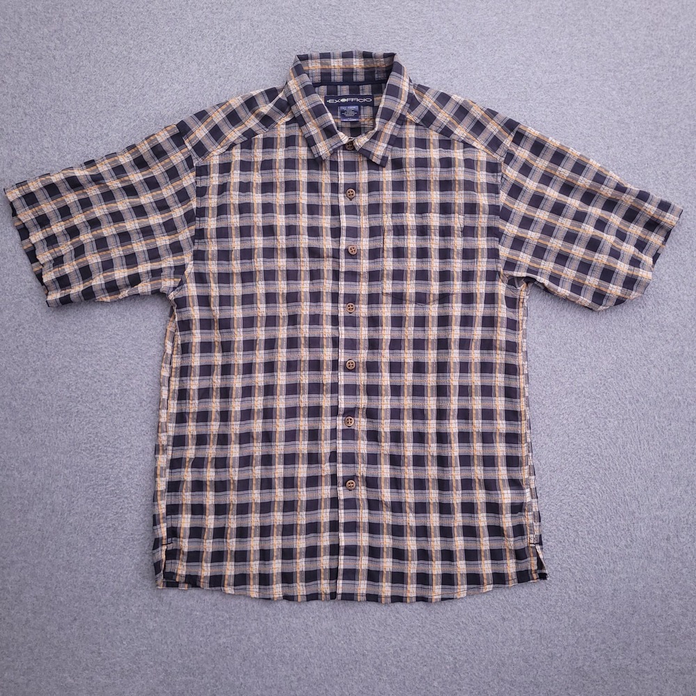 ExOfficio Button Up Shirt Small Polyester Short Sleeve Blue Plaid Mens